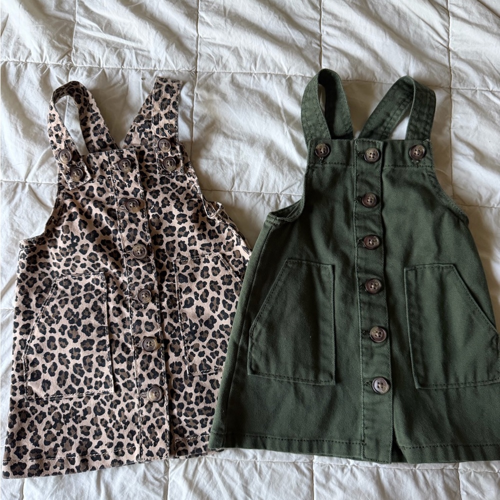 Girls' Button Front Pinafore Dress Duo - Leopard & Olive Green